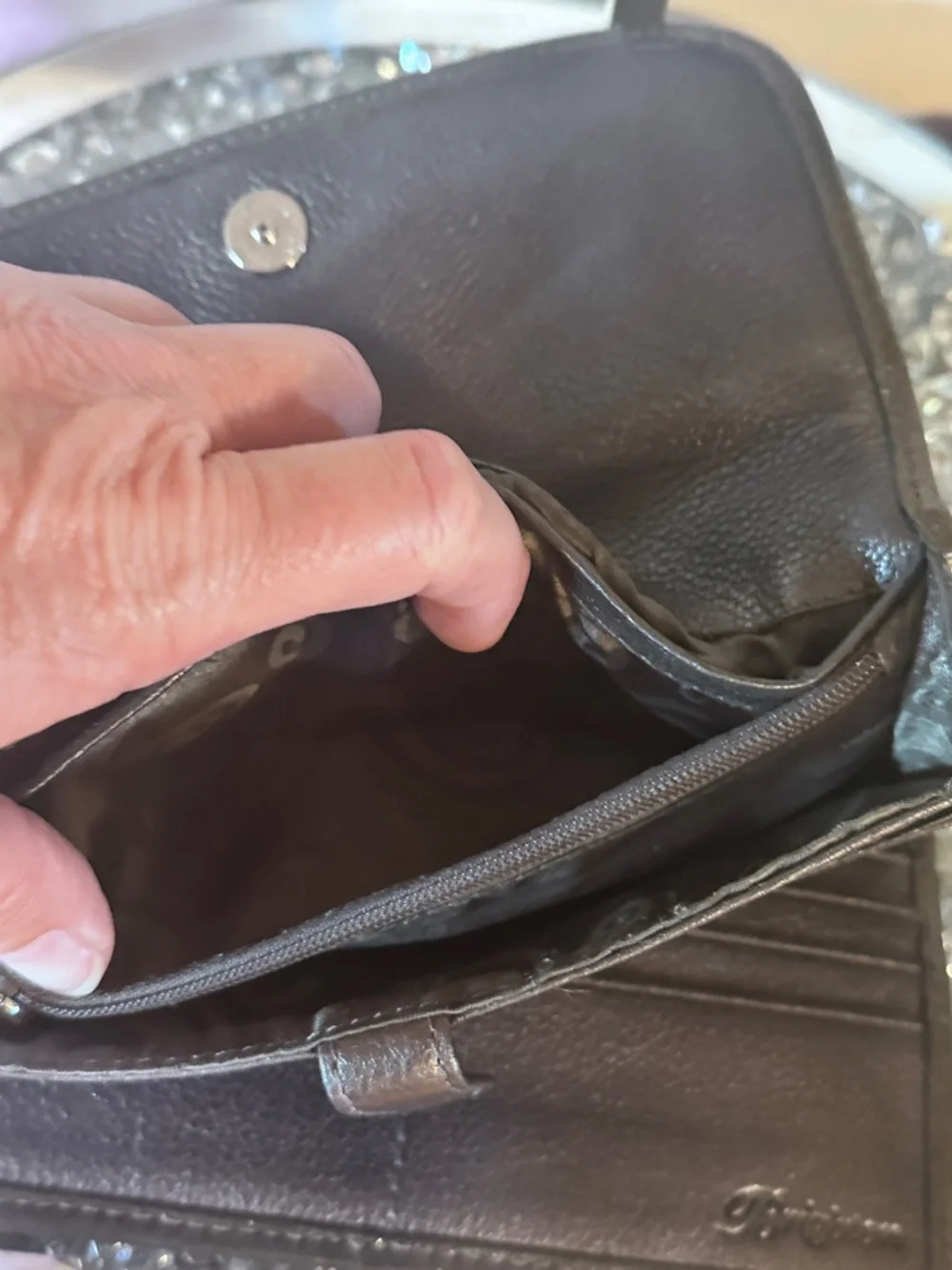 EUC metallic leather crossbody organizer by Brighton.
